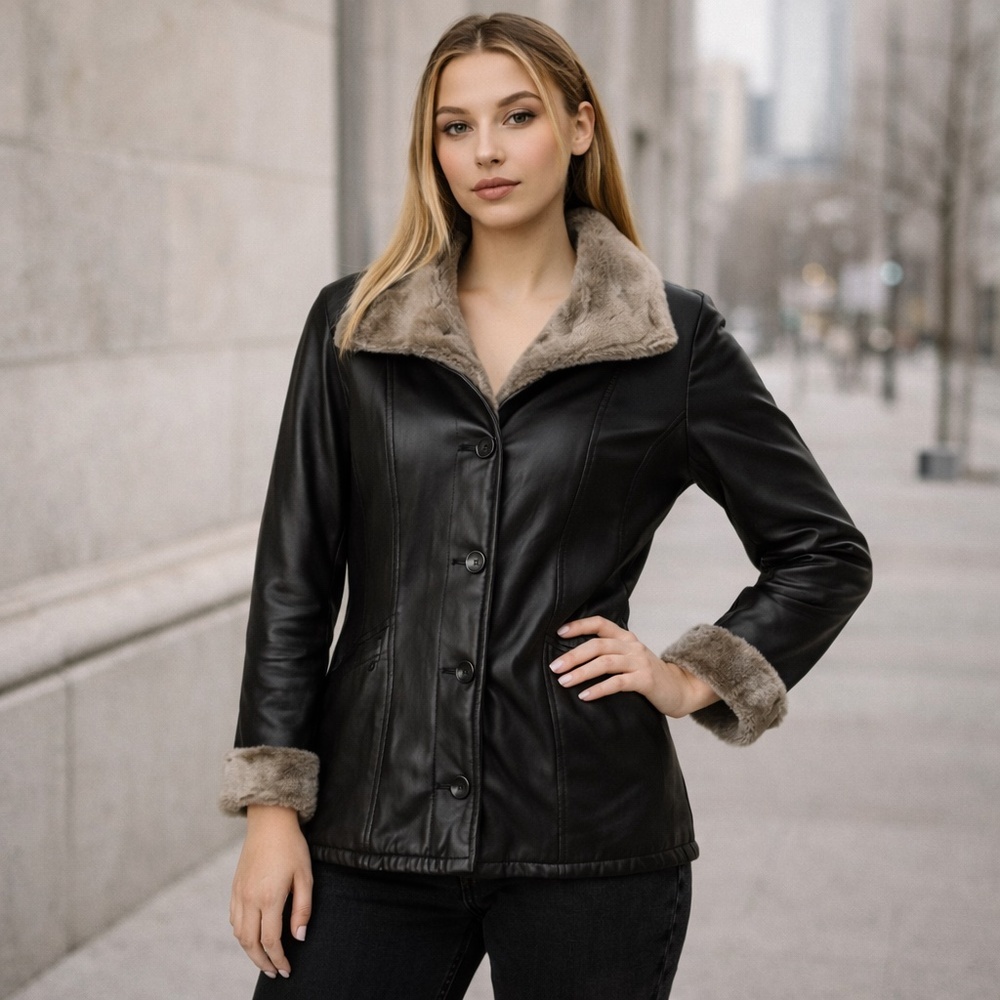 DANIER Vintage Black Leather Faux Fur Lined Y2K‎ Jacket Coat XS